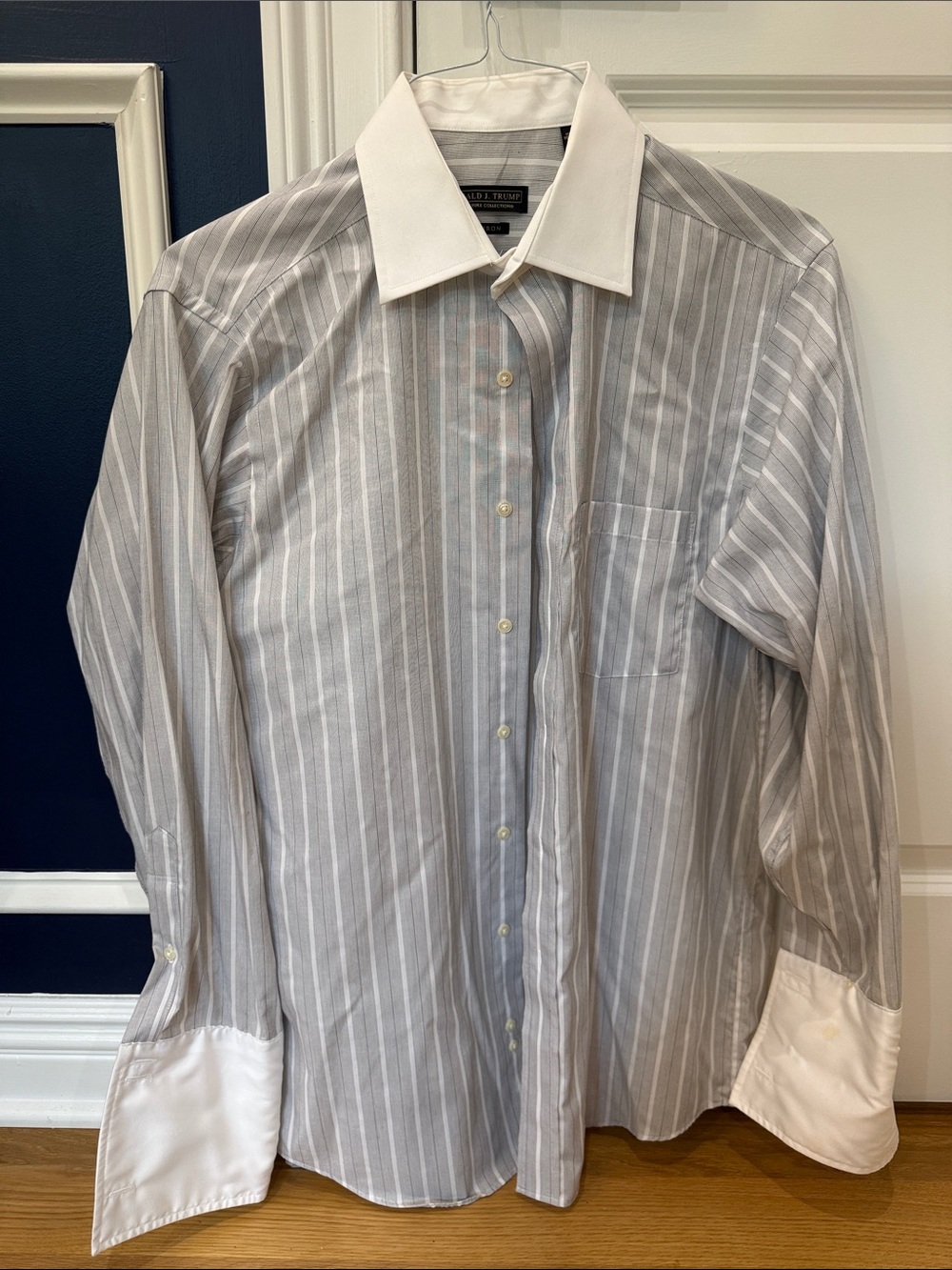 Men's Gray Striped Dress Shirt with White Contrast Collar
